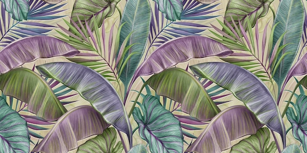 Photo tropical vintage seamless pattern with pastel banana leaves, palm, colocasia esculenta