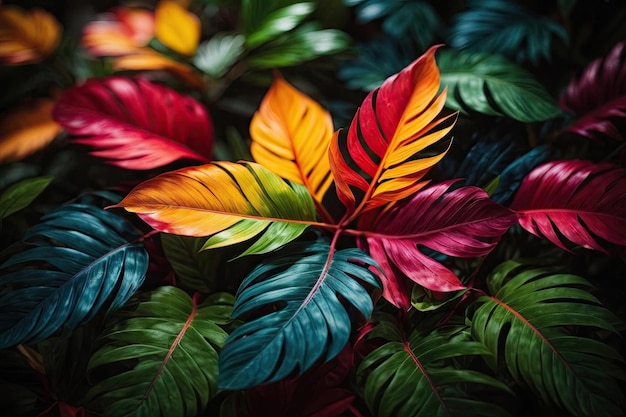 Photo tropical vivid vibrant color background with exotic painted tropical leaves