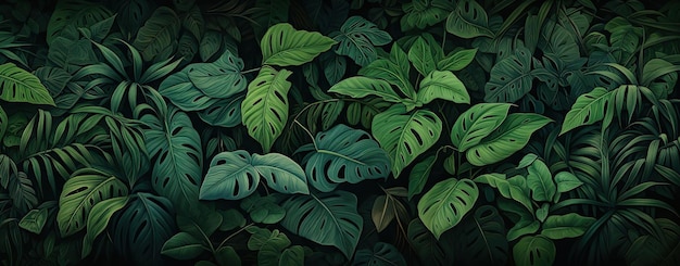 a tropical wall is covered in green leaves and shoots in the style of dark emerald and cyan