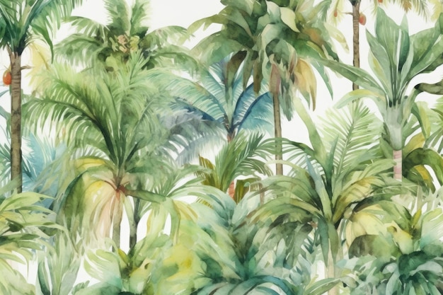 A tropical wallpaper with palm trees and leaves.