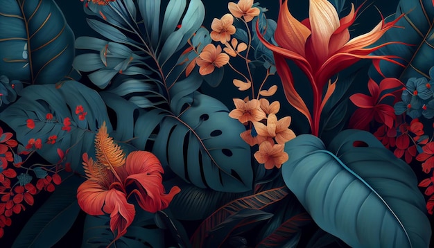 A tropical wallpaper with a tropical pattern and flowers.