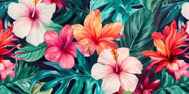 Tropical watercolor floral pattern with hibiscus and frangipani flowers ideal for use in swimwear or beachthemed designs Generative AI