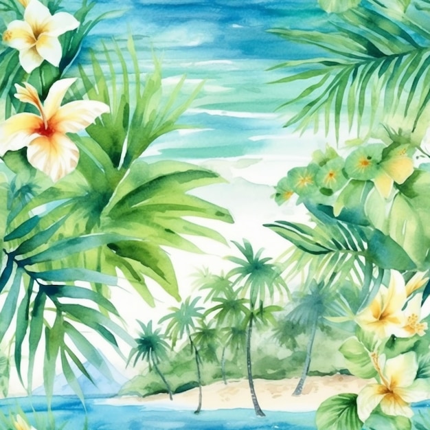 Tropical watercolor painting of a beach with palm trees and flowers generative ai