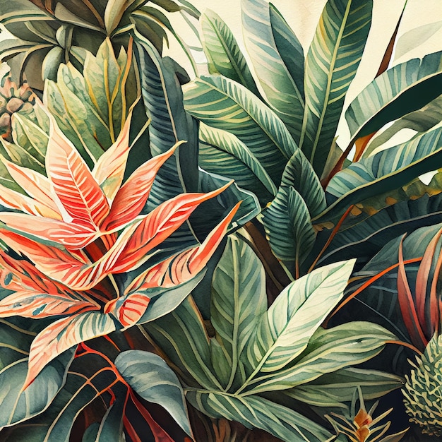 Тропические акварельные растения фон джунгли тропические леса листья обои Generative AI