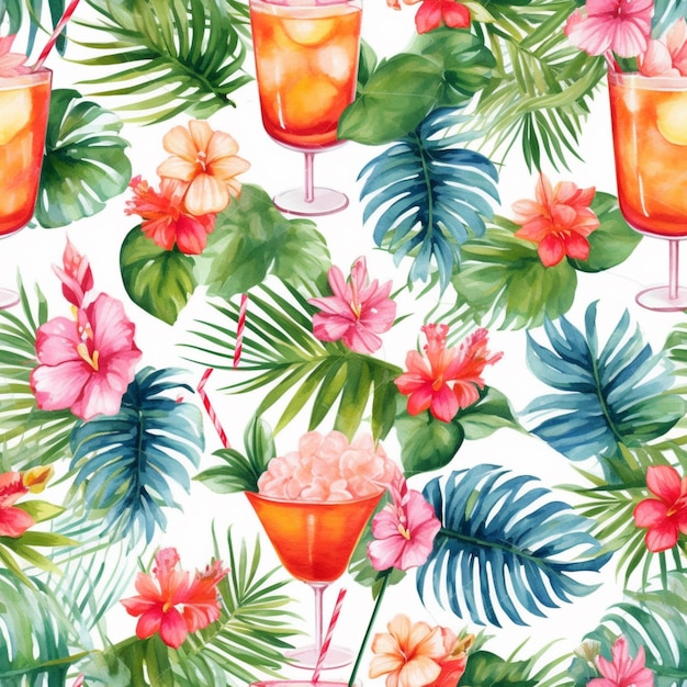 Photo tropical watercolor seamless pattern with cocktails and flowers generative ai