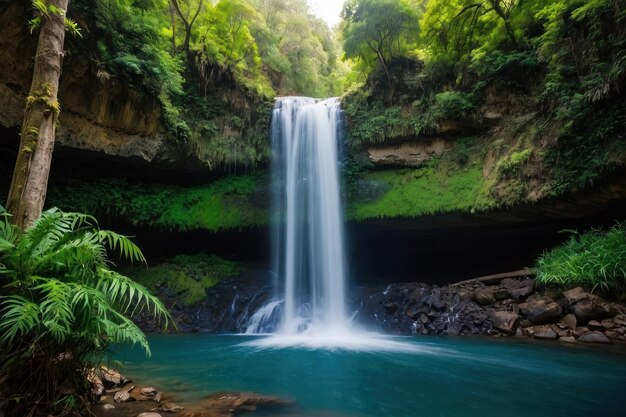 Tropical waterfall oasis in a lush green jungle