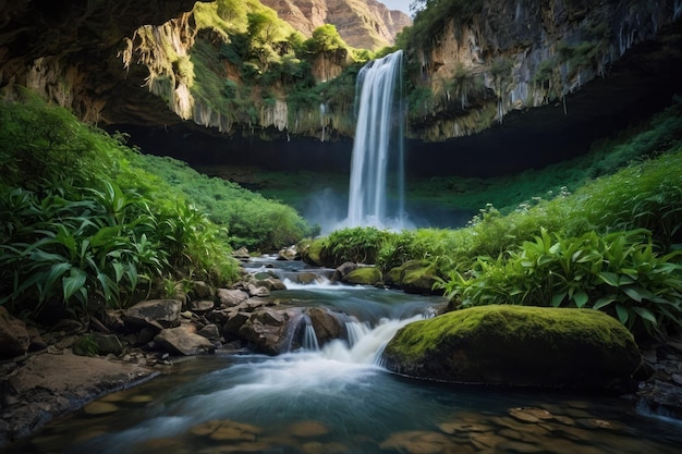 Tropical waterfall oasis in a lush green jungle