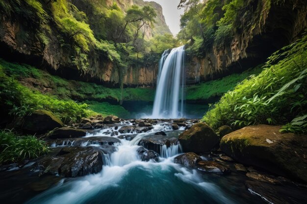 Tropical waterfall oasis in a lush green jungle