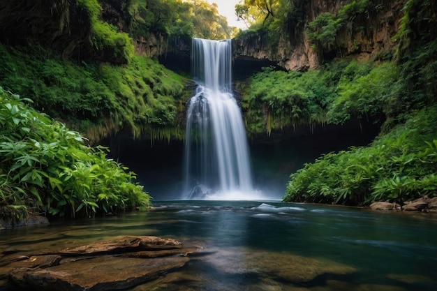 Tropical waterfall oasis in a lush green jungle