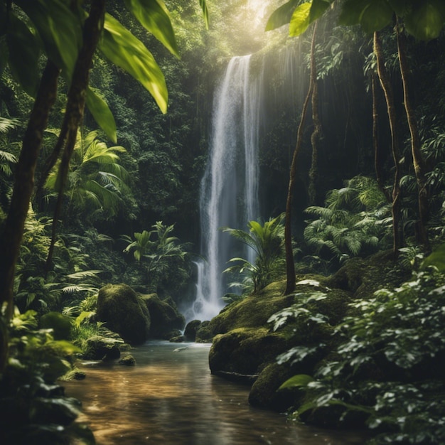 Тропический водопад в тропических лесах на острове Бали, Индонезия