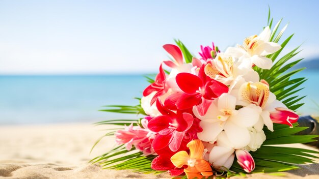 Photo tropical wedding bouquet on sandy serene beach backdrop