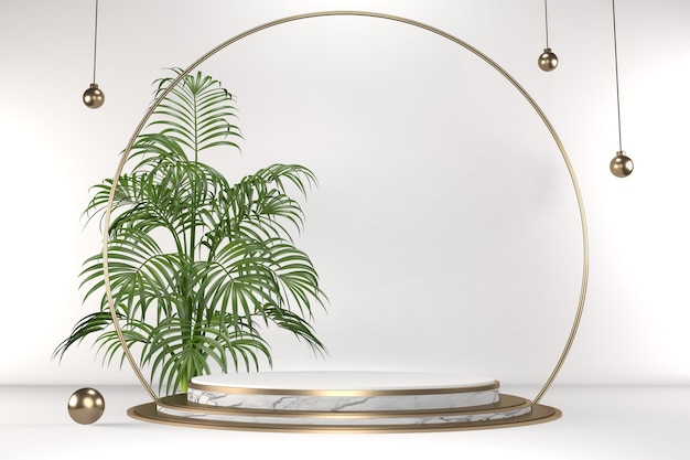 Podio tropicale bianco geometrico e decorazione di piante su sfondo bianco .3d rendering