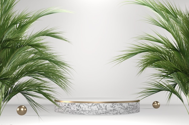 Tropical white Podium geometric and plants decoration on white background .3D rendering