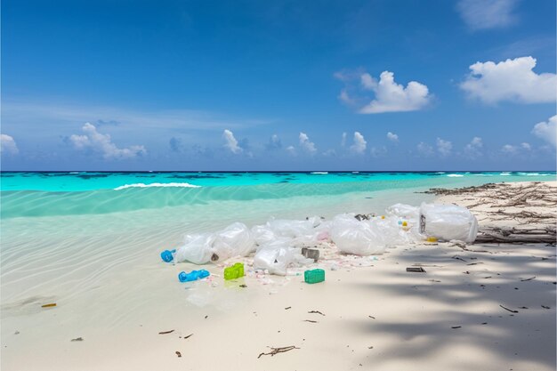 Photo tropical white sand beach with plastic garbage plastic bags bottles microplastics floating in ocean