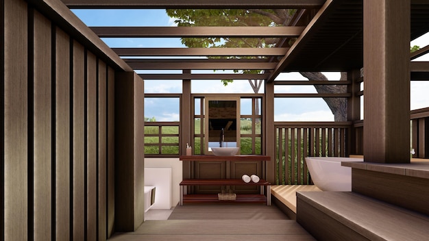 Тропический деревянный дом на пляже архитектурный дизайн 3d иллюстрация