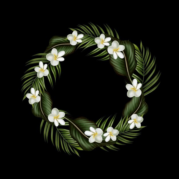 Tropical wreath with green leaves and flowers