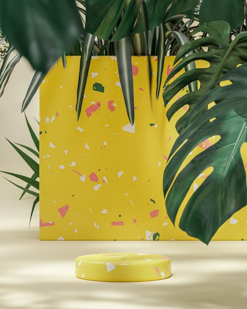 Palcoscenico per podio giallo tropicale su sfondo verde rendering 3d