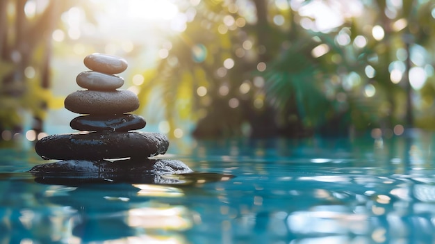 Tropical zen stones in water spa wellness retreat serene nature setting with sunlight flare