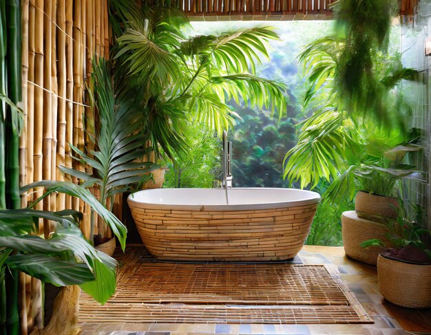 Photo tropicalthemed bathroom with bamboo accents leafy plants and vibrant patterns infusing a refreshing ...