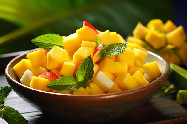 Photo a tropicalthemed brunch with mango mimosas and tropical fruit salad