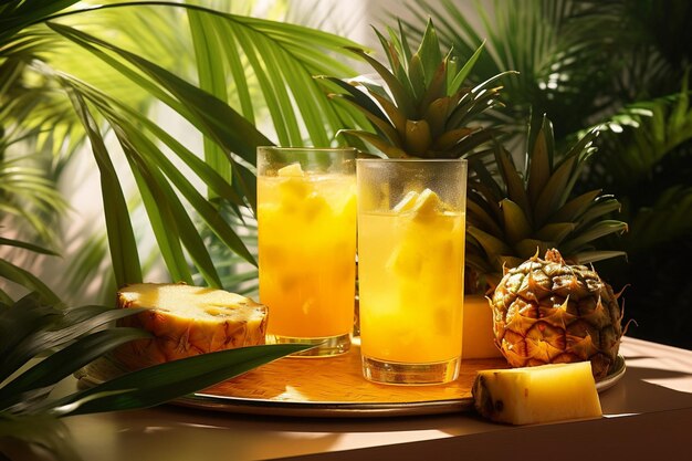 A tropicalthemed picnic with a basket of pineapple juice
