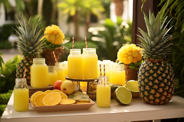 A tropicalthemed picnic with a basket of pineapple juice