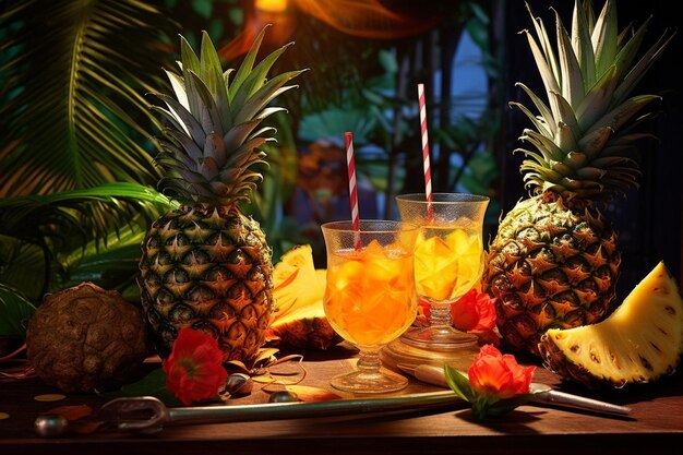 A tropicalthemed picnic with a basket of pineapple juice