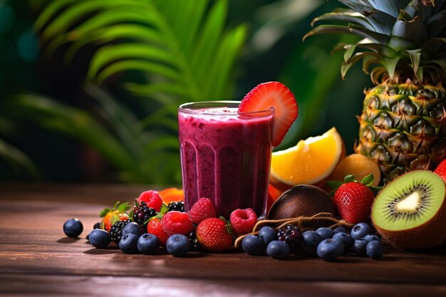 A tropicalthemed setting with a glass of mixed berry juice amidst palm leaves and exotic fruits