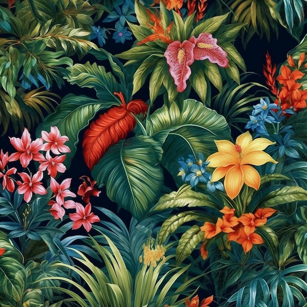 Тропические обои с яркими и пышными цветами экзотических цветов и листьев