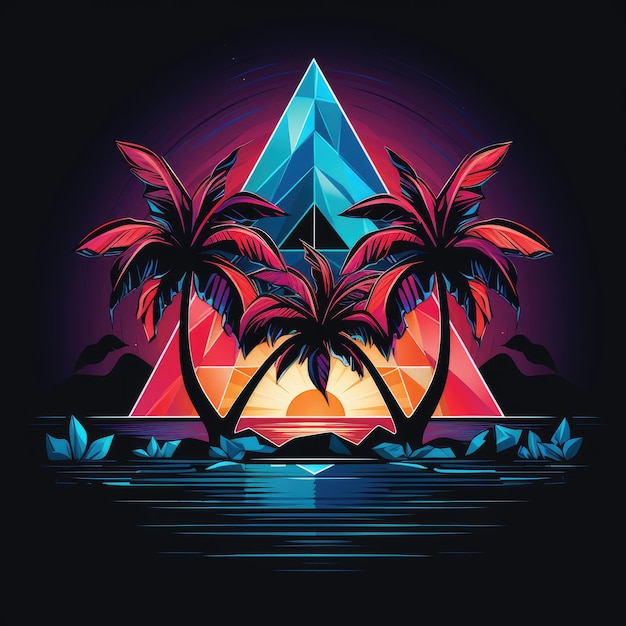 TropicSynth Ultra Low Poly Anime Logo with Palm Trees and Plumeria