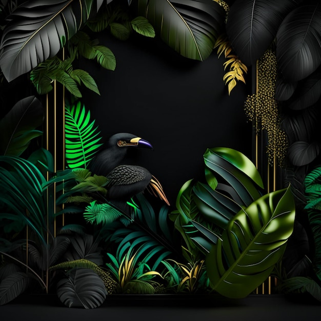 Tropisch bos met een vierkant frame op zwarte achtergrond