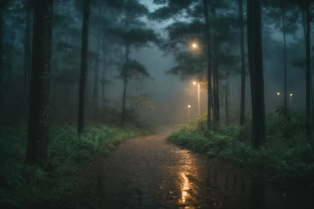 tropisch dennenbos met mist en nevel