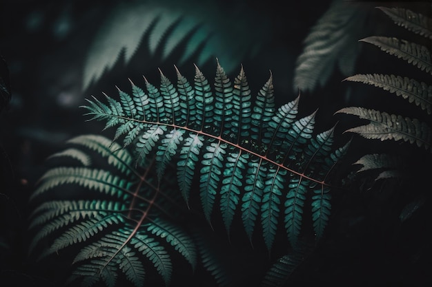 Tropisch donkergroen varenblad in het bos Illustratie Generatieve AI