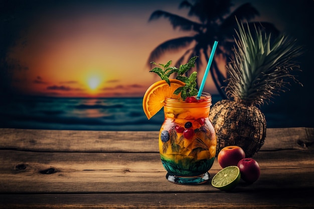 Tropisch drankje op een houten tafel op het strand gemaakt met generatieve ai-technologie van hoge kwaliteit