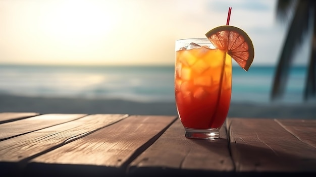 Tropisch drankje op een houten tafel op het strand Heldere kleur Generatieve Ai