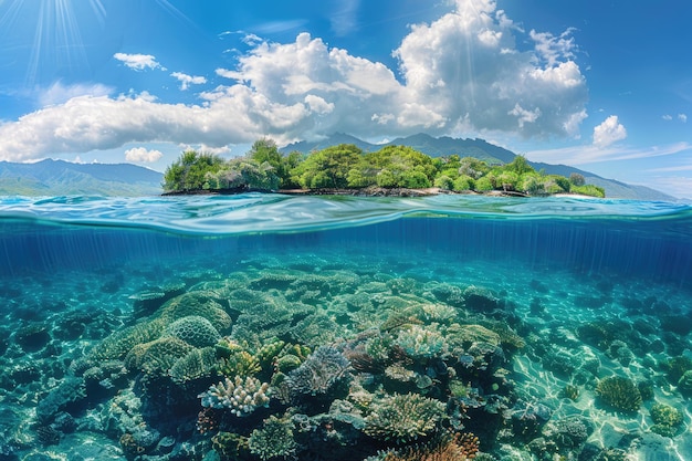 Tropisch eiland en koraalrif Split uitzicht met waterlijn