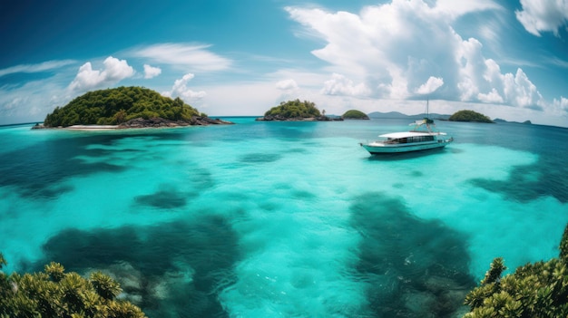 Tropisch eiland in de oceaan met palmbomen en helder water Gemaakt met generatieve AI-technologie