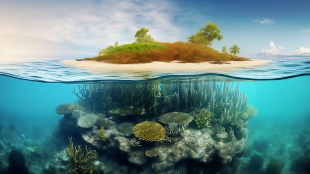 Tropisch eiland in de zee en waterlijn met prachtige koralen en planten en algen gegenereerd door AI