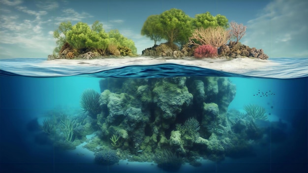 Tropisch eiland in de zee en waterlijn met prachtige koralen en planten en algen gegenereerd door AI
