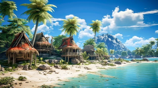 Foto tropisch eiland met palmbomen en houten huis generatieve ai