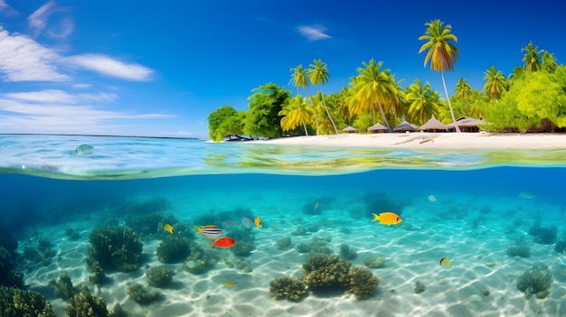 Tropisch eiland met palmbomen zee en blauwe lucht achtergrond