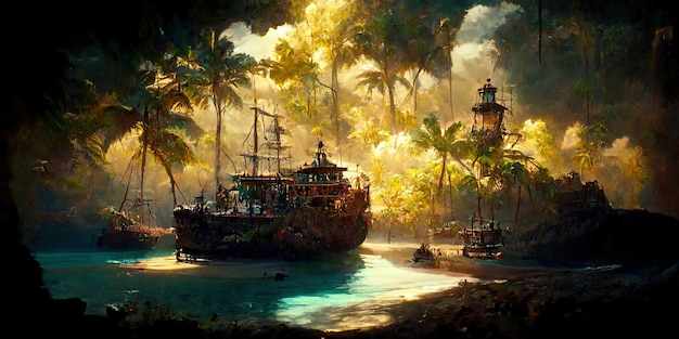 Tropisch eiland met schatkist en gebroken piratenschip. Digitale illustratie.