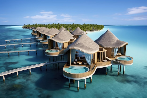 tropisch eiland met water bungalows en strand 3d render Maldives water bungalows AI Generated