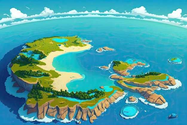Tropisch eiland omgeven door kristalhelder water Generatieve AI