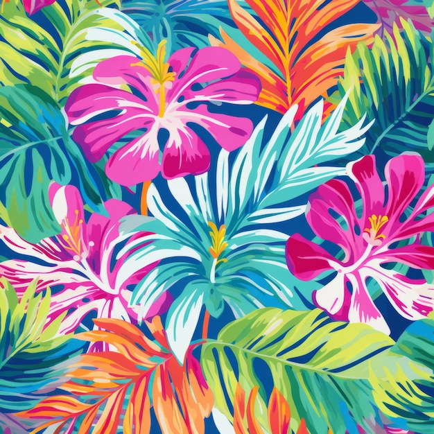 Tropisch eilandpatroon Kleurrijke palmboom en tropische bladeren op blauwe achtergrond