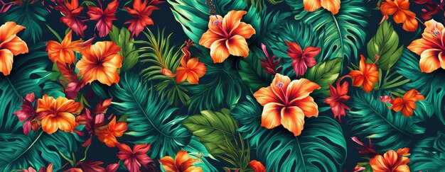 Tropisch exotisch patroon met dieren en bloemen in felle kleuren en weelderige vegetatie ai generatief