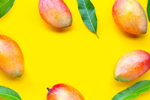 Tropisch fruit Frame gemaakt van mango op gele achtergrond Bovenaanzicht