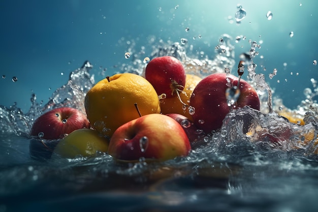 Tropisch fruit valt diep onder water met een grote plons Neuraal netwerk AI gegenereerd