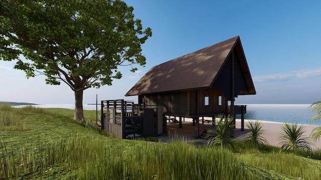 Tropisch houten huis op het strand zonnige architectuurontwerp 3d illustratie