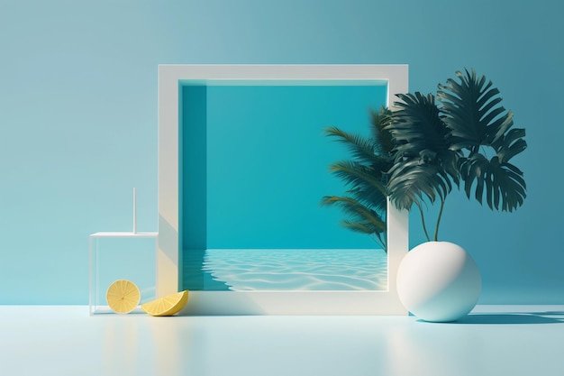 Tropisch interieur palmbladeren ontwerpconcept tropisch op blauwe lichte achtergrond AI Generation